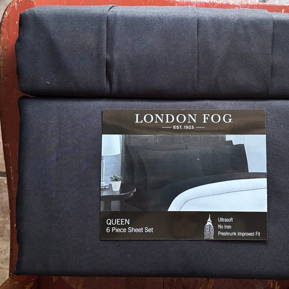 6-pc London Fog QUEEN SIZE Sheet Set SOLID BLACK (2 XTRA PC's)